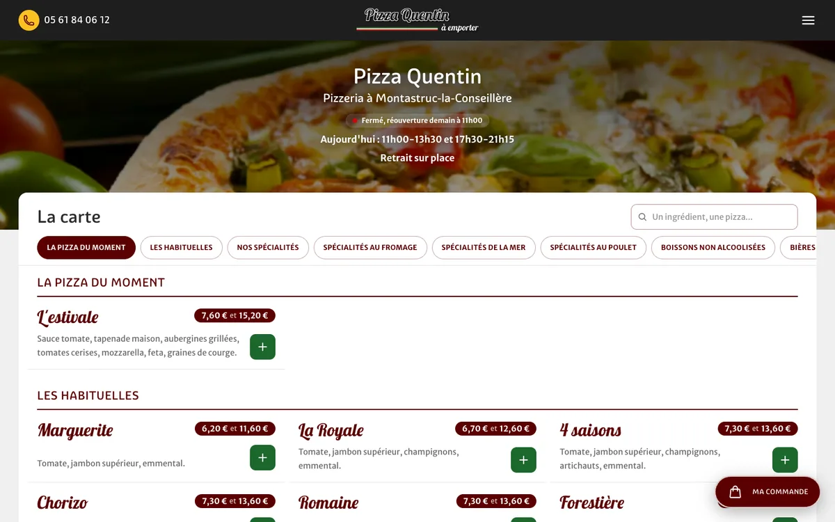 La carte en ligne de Pizza Quentin, avec les pizzas à ajouter au panier